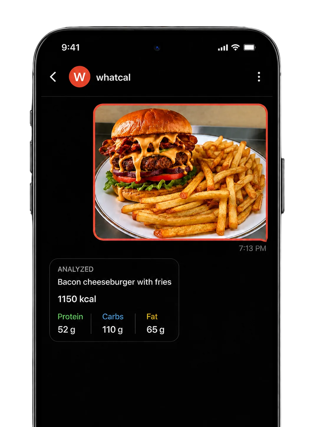 whatcal chat on a phone showing a photo of a bacon cheeseburger with fries analyzed at 1150 kcal